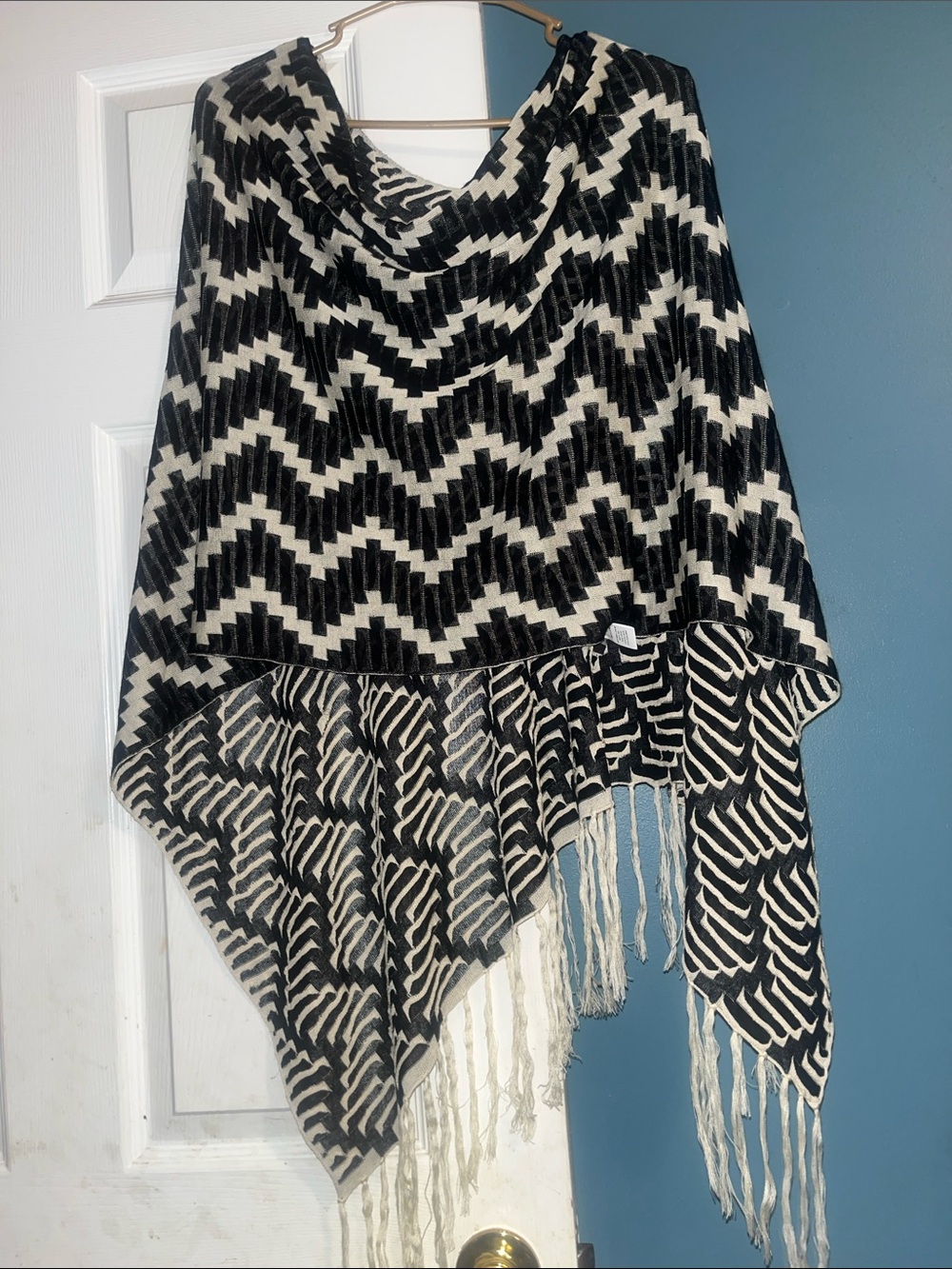 Kerisma Black and Cream Zigzag Fringe Cape Poncho